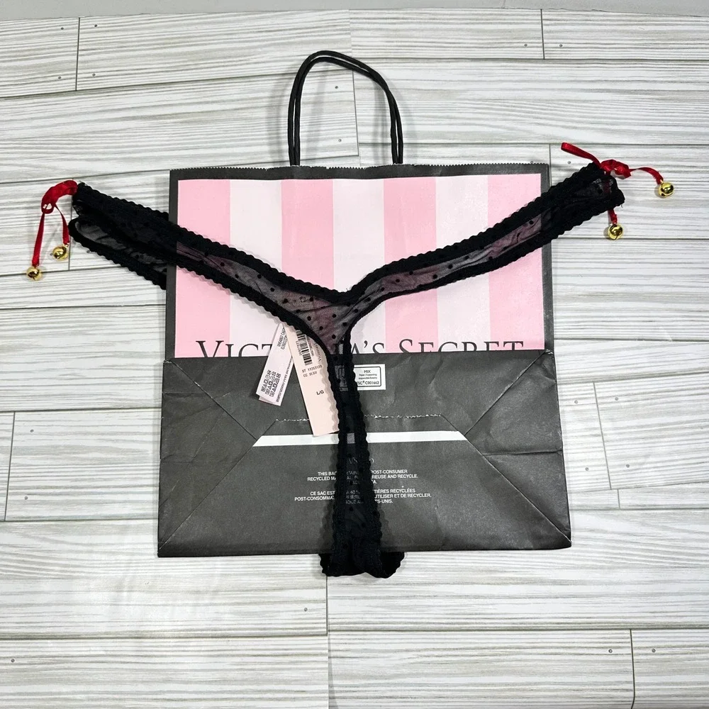 Victoria's Secret High-Leg Thong Panty L Black‎ Polka Dot Mesh Red Ribbon Bells